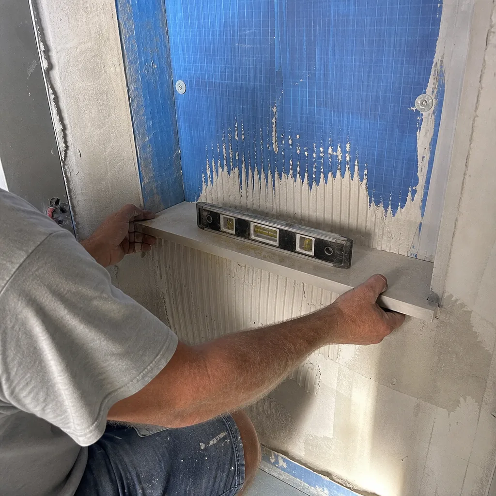 Contractor installing a stone bathroom shelf using a spirit level in Fort Lauderdale, FL
