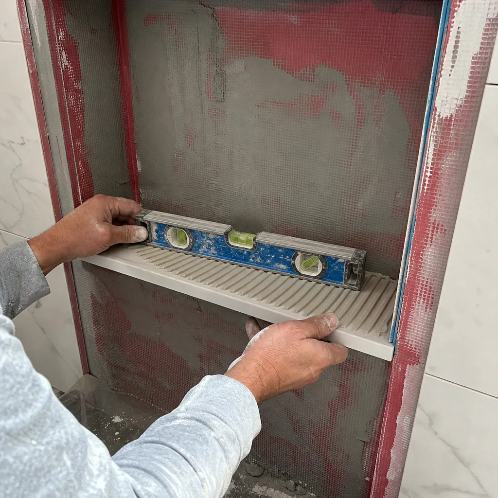 Professional contractor leveling a shelf during a custom bathroom tile installation. nationwide