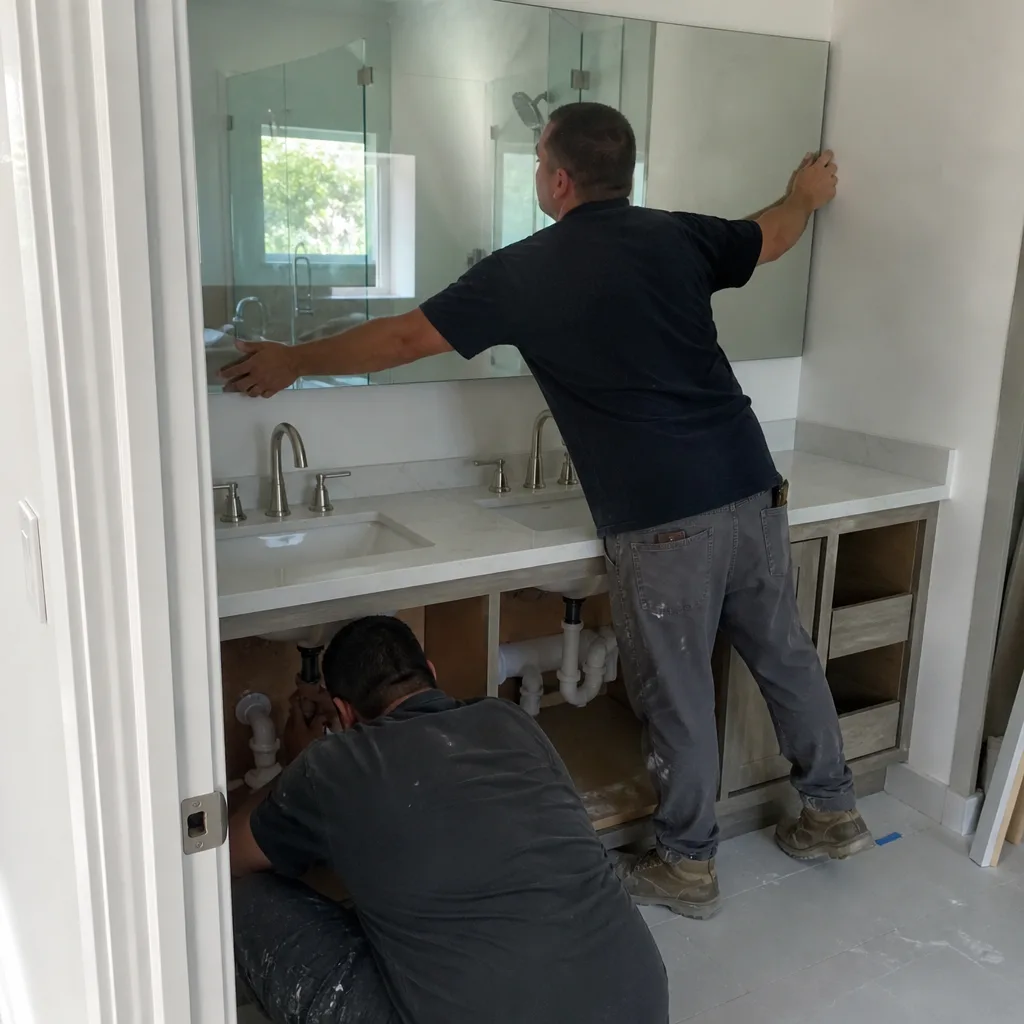 Contractors performing professional bathroom remodeling and vanity installation nationwide
