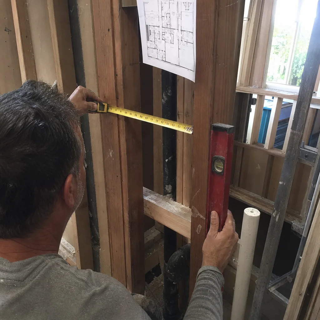 General contractor measuring and leveling wood wall studs during home renovation nationwide