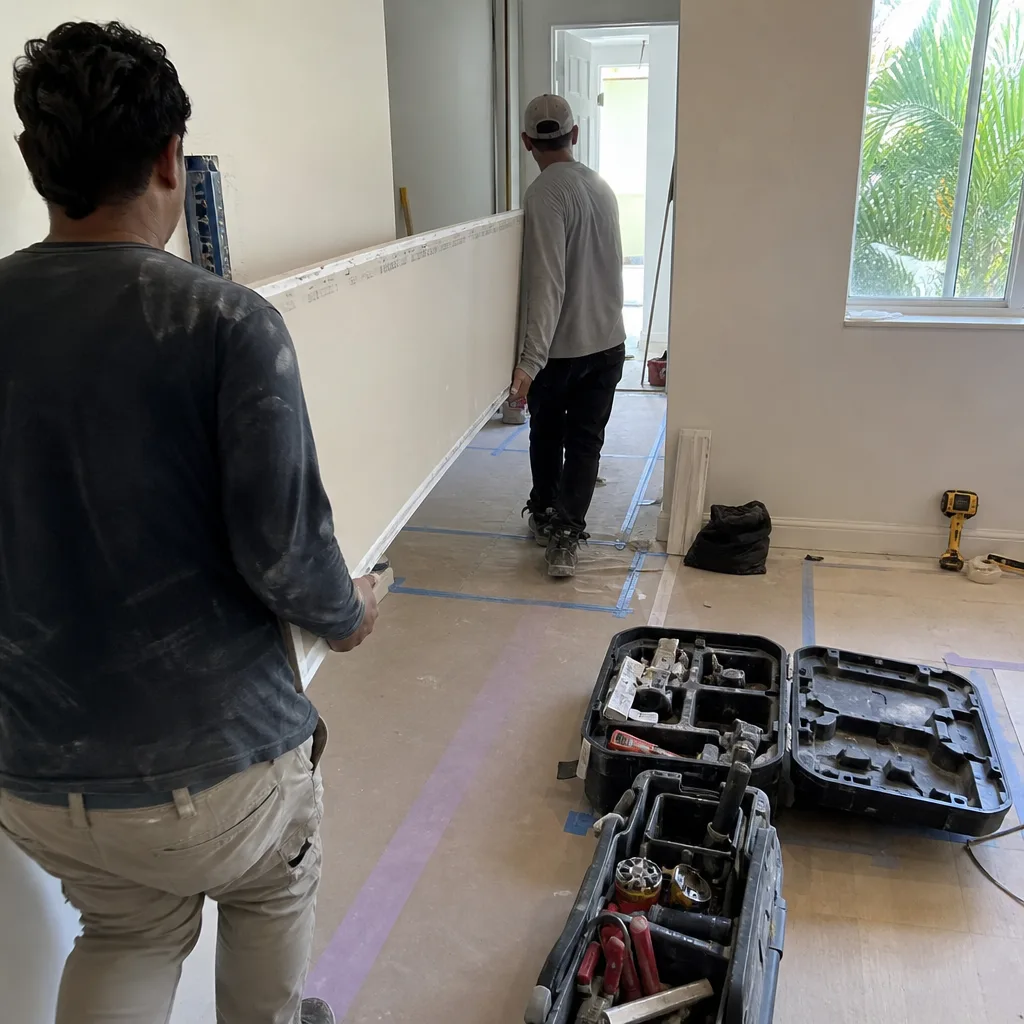 construction workers installing drywall in a home renovation project in Fort Lauderdale, FL