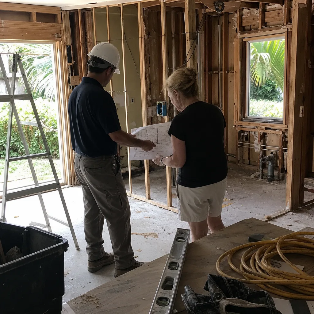 General contractor reviewing renovation blueprints with a homeowner in a gutted house nationwide