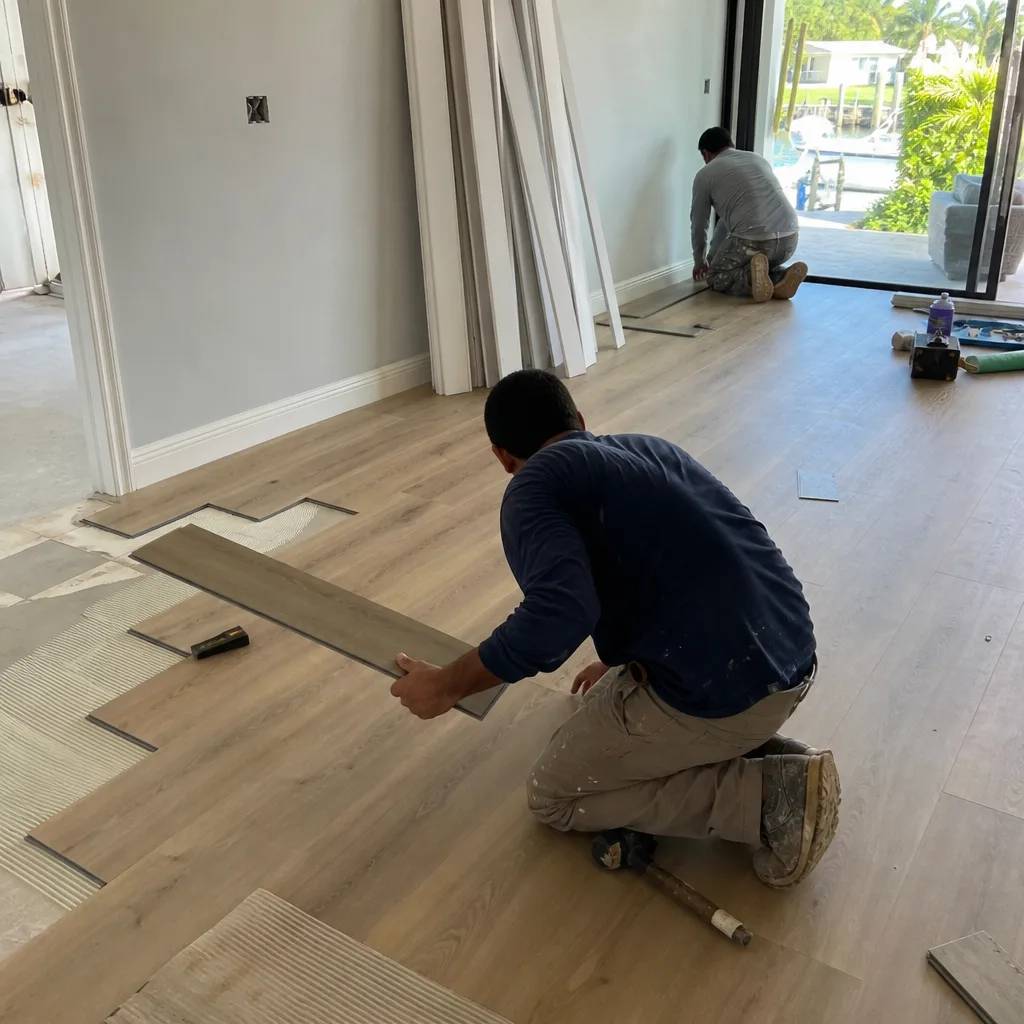 Two construction workers installing new vinyl plank flooring in a home in Fort Lauderdale, FL