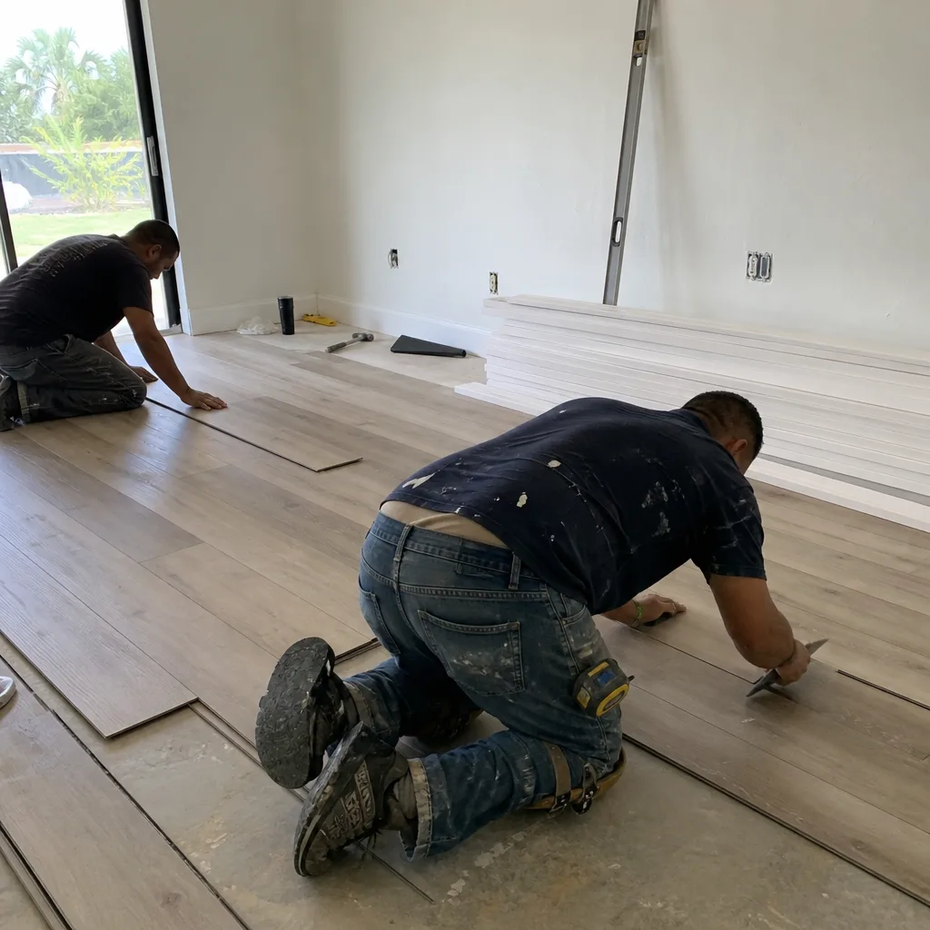 Two contractors professionally installing new wood-look flooring during a home renovation. nationwide