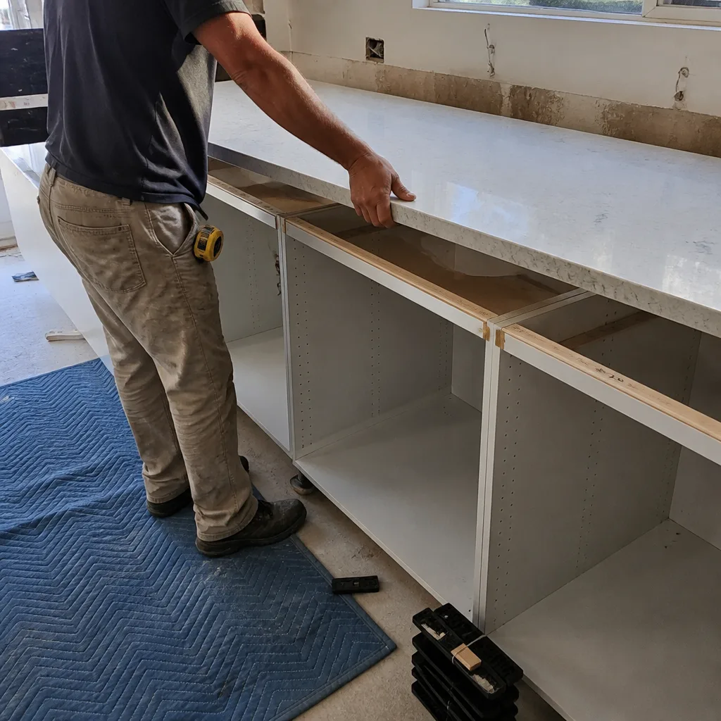 Professional contractor installing a custom kitchen countertop onto base cabinets in Fort Lauderdale, FL
