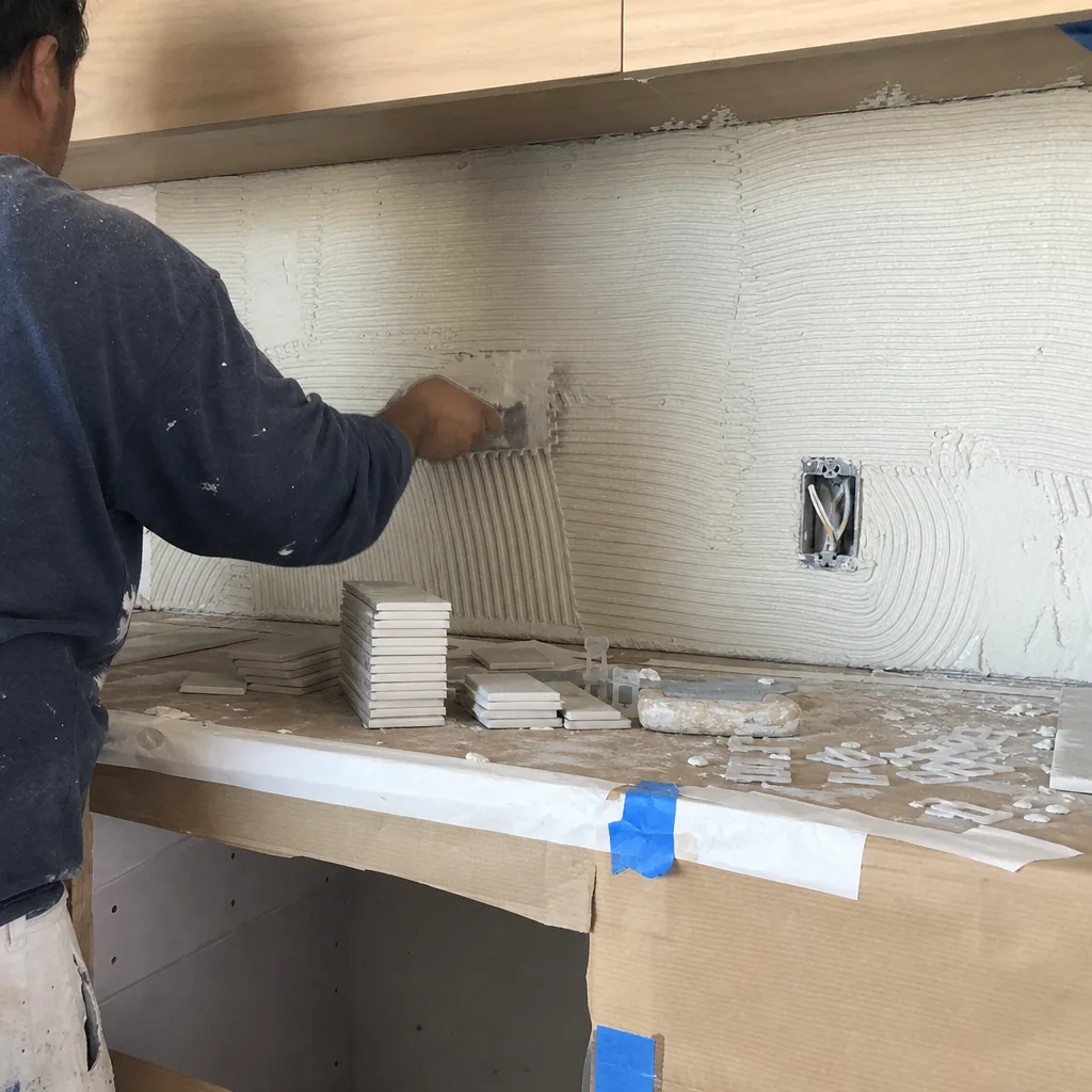 Professional contractor applying mortar for a kitchen backsplash tile installation nationwide