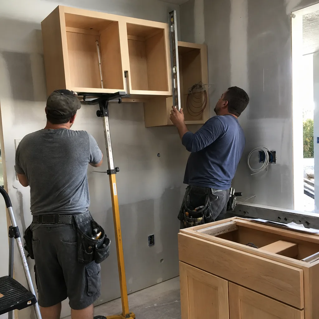 Two contractors installing wooden upper kitchen cabinets during a remodeling project nationwide