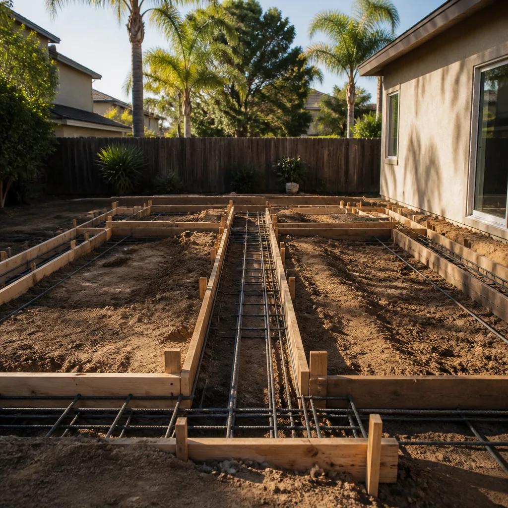 Footing forms with tied rebar for a home addition