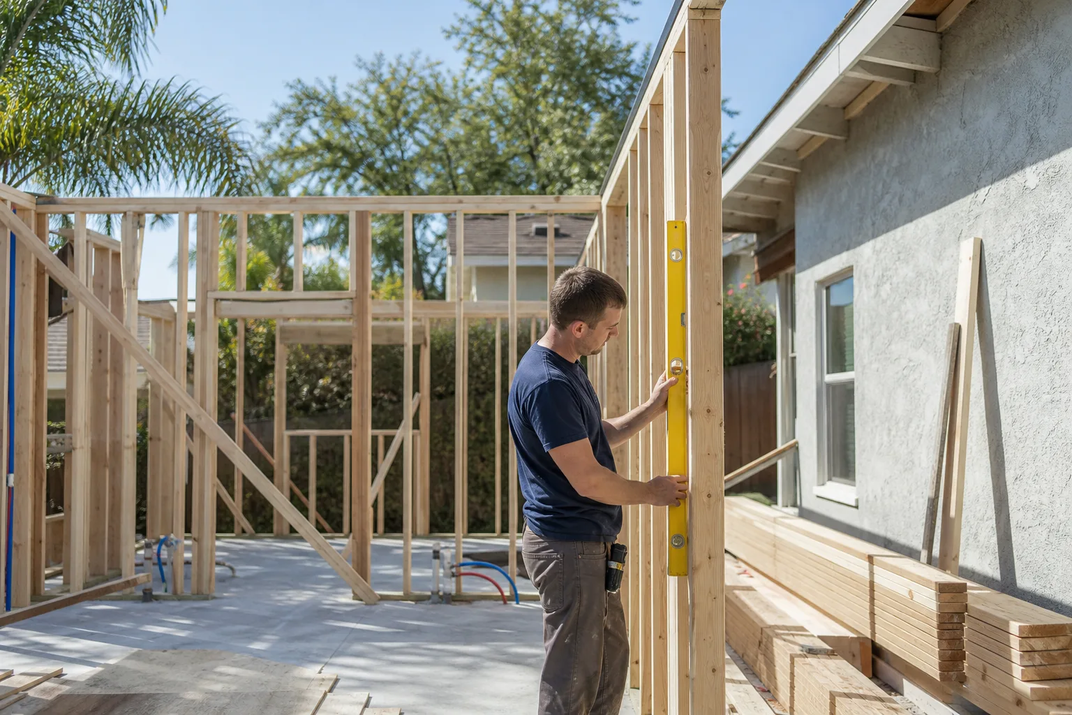 A framer checking new wall framing on a home addition