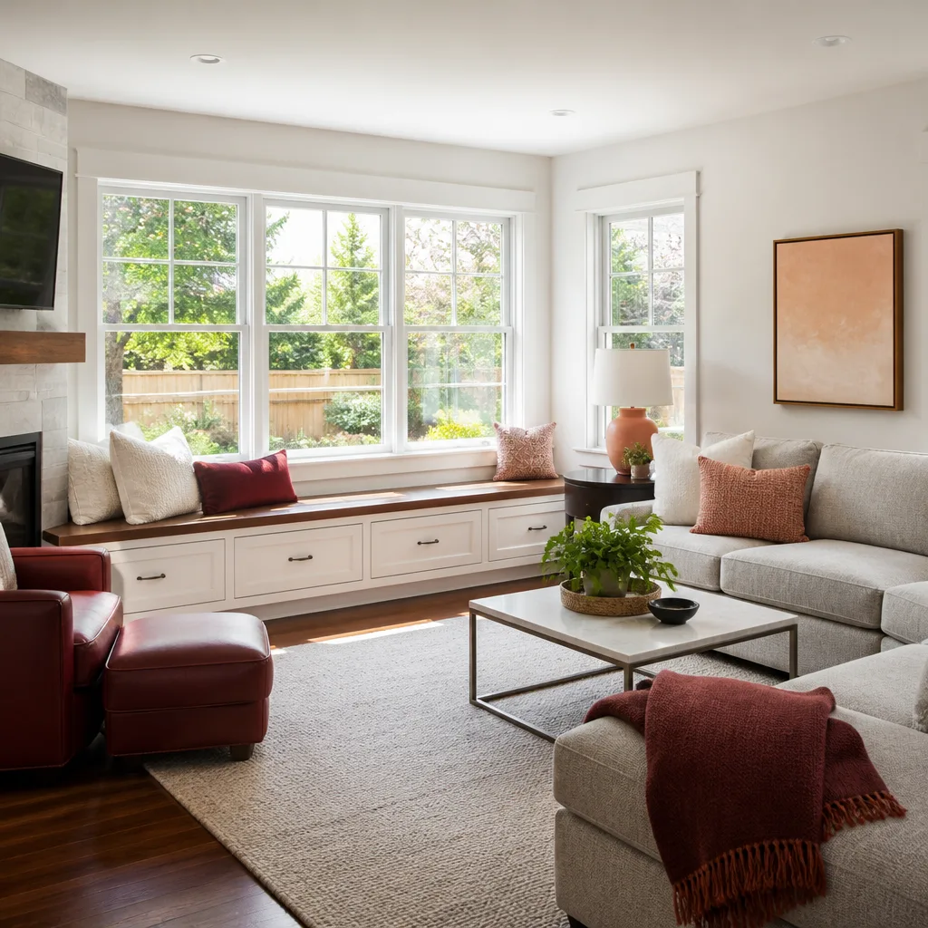 A remodeled family room with new windows and a window seat