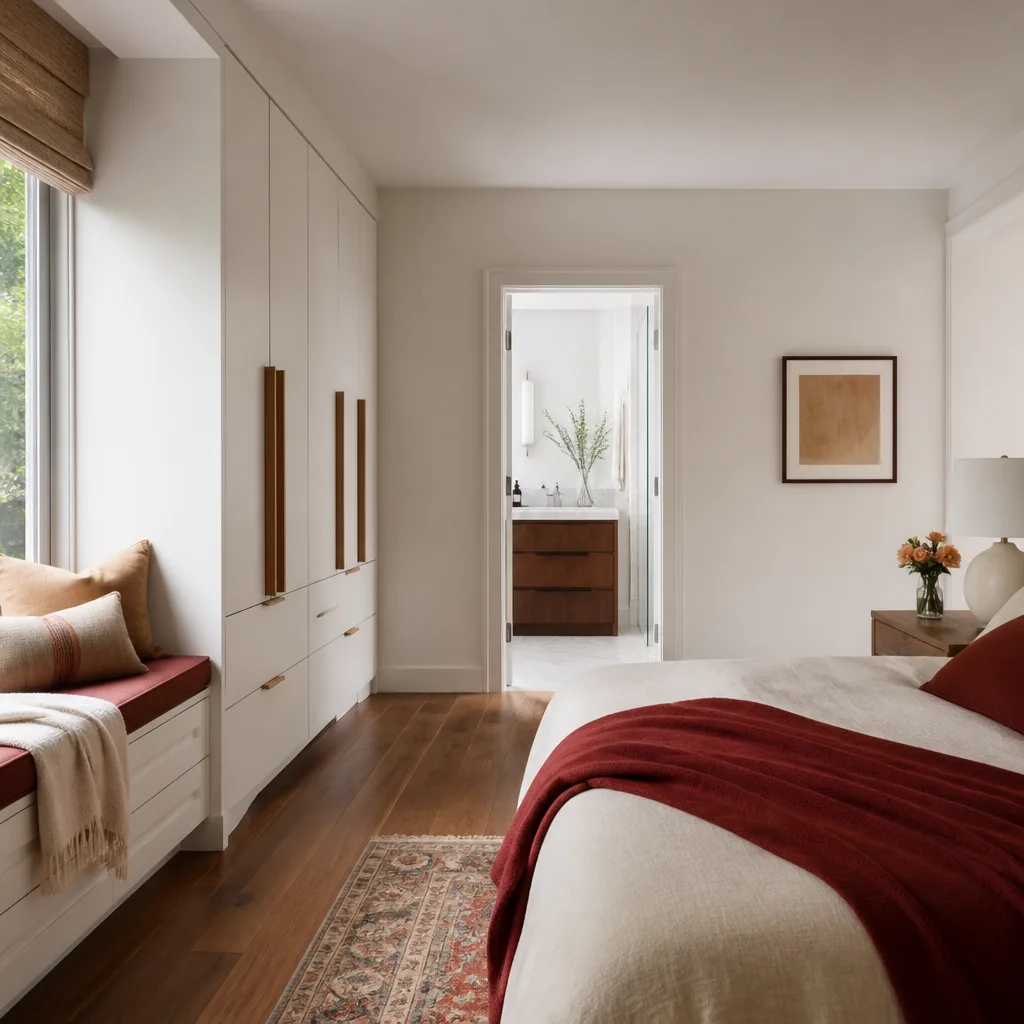 A remodeled primary suite with built-in wardrobes and a window seat